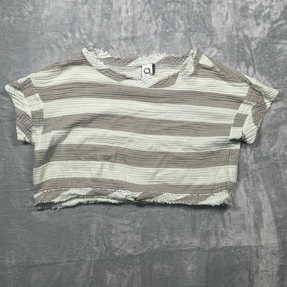 Anthropologie Akemi + Kin Breezy Crop Top Women Gray White Stripe Boho Raw Hem M